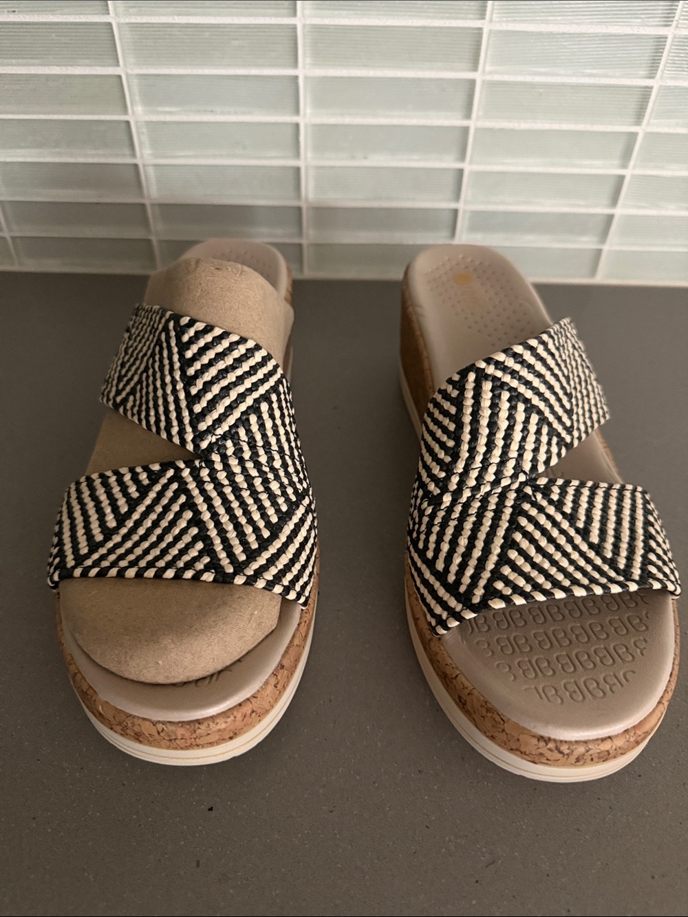 Comfort Slide Sandals with Black & White Woven Straps